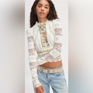 Free People Garden Grace Floral Embroidered Lace Top- Ivory Size Small New w/Tag